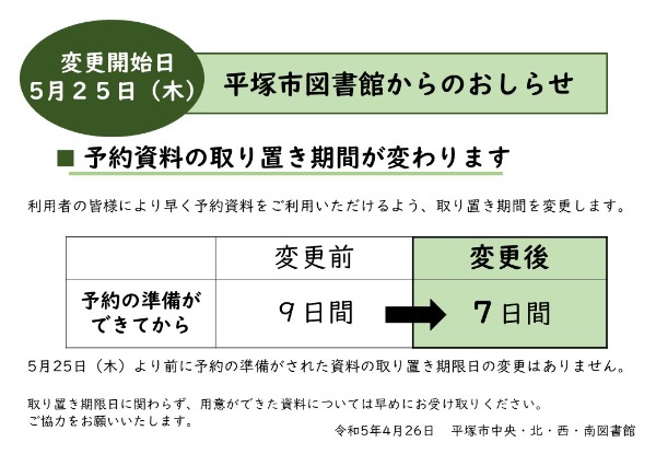 予約資料の取り置き期間変更のお知らせ